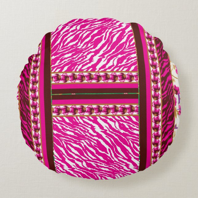 a pink and white wallpaper with a cross on it round pillow (Front)