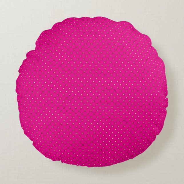 a pink background with white polka dots round pillow (Front)