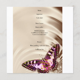 A pink butterfly on a cream satin background menu