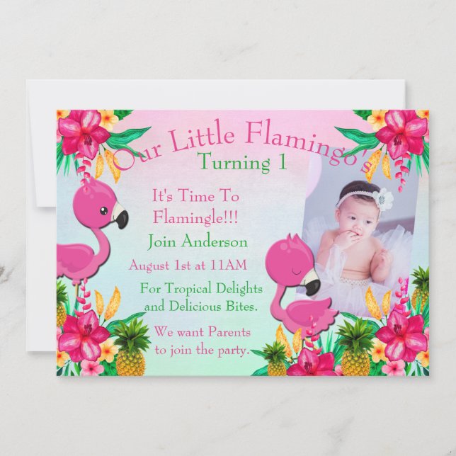 A Pink Flamingo Flamingling 1st bday Party Invite (Front)