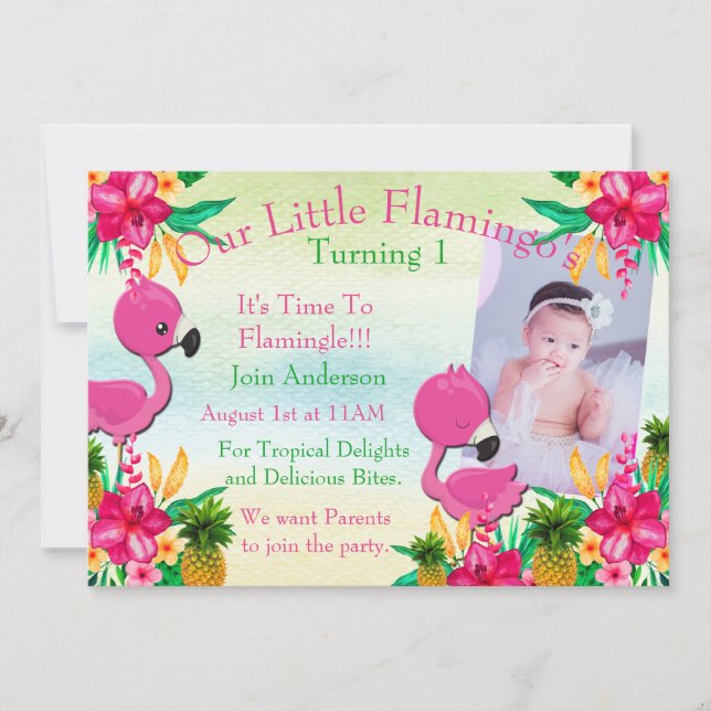 A Pink Flamingo Flamingling 1st bday Party Invite (Front)