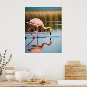 A Pink Flamingo Seeing Its Reflection in the Water Poster