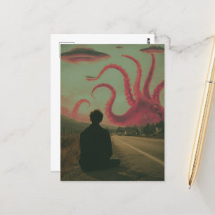 A pink octopus and UFOs surreal AI generated art Postcard