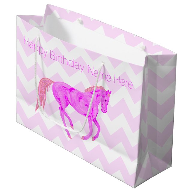 A Pink Pony Cute Chevron Pattern Happy Birthday Large Gift Bag (Front Angled)