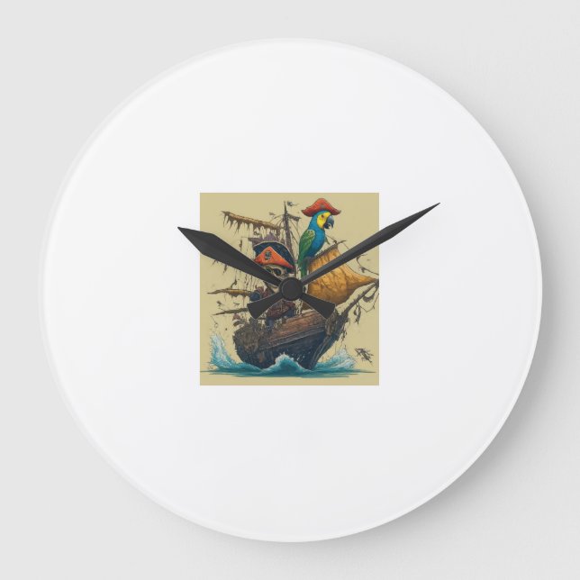 a pirate ship with a parrot large clock (Front)