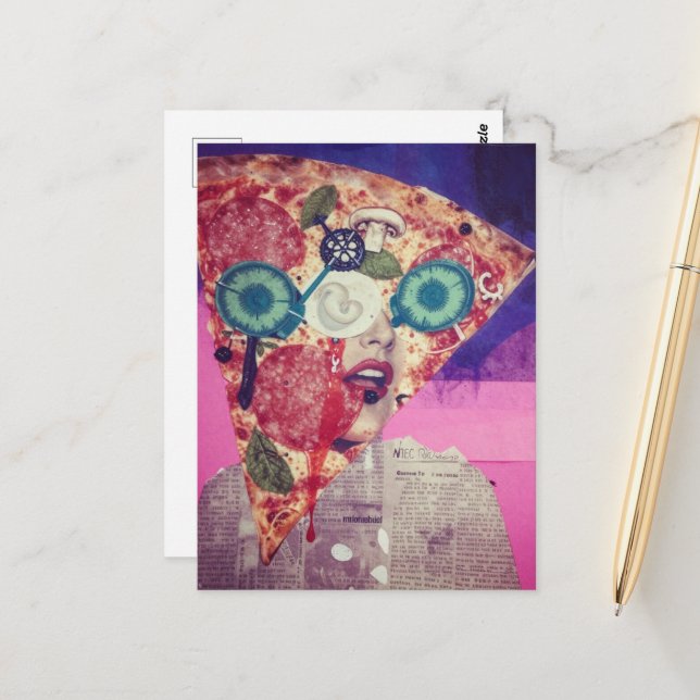 A Pizza Face Funny Mixed Media Collage Postcard (Front/Back In Situ)
