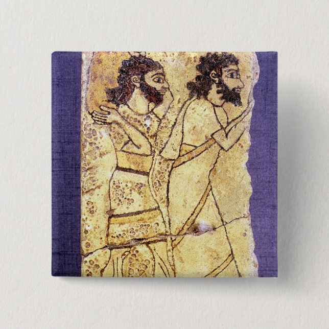 A plaque depicting two men walking 2 inch square button (Front)