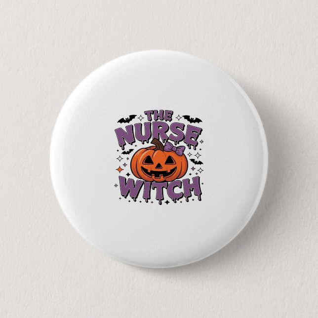 A playful design featuring a pumpkin witch with a  2 inch round button (Front)