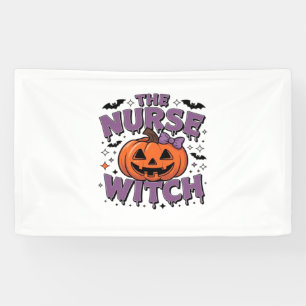 A playful design featuring a pumpkin witch with a  banner