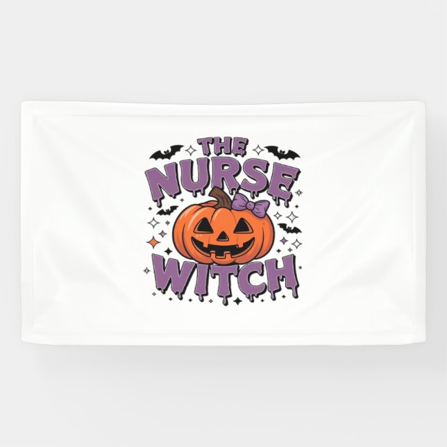 A playful design featuring a pumpkin witch with a  banner (Horizontal)