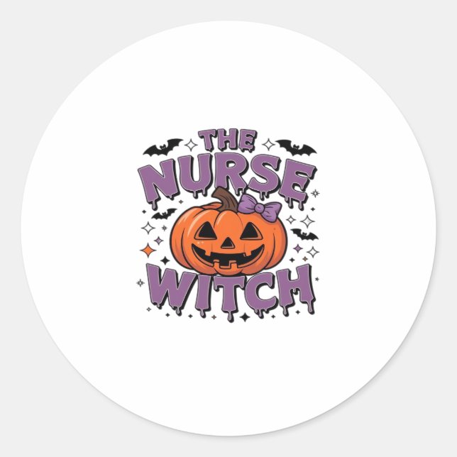 A playful design featuring a pumpkin witch with a  classic round sticker (Front)