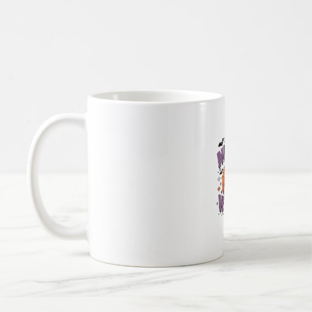 A playful design featuring a pumpkin witch with a  coffee mug (Left)