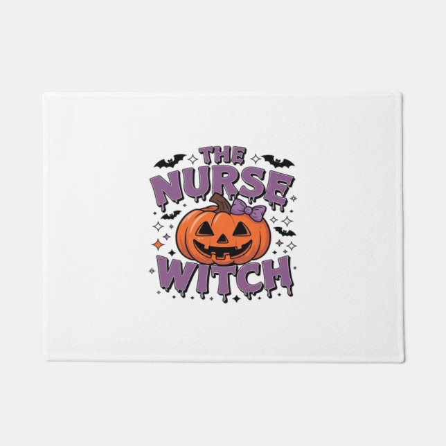 A playful design featuring a pumpkin witch with a  doormat (Front)