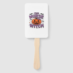 A playful design featuring a pumpkin witch with a  hand fan