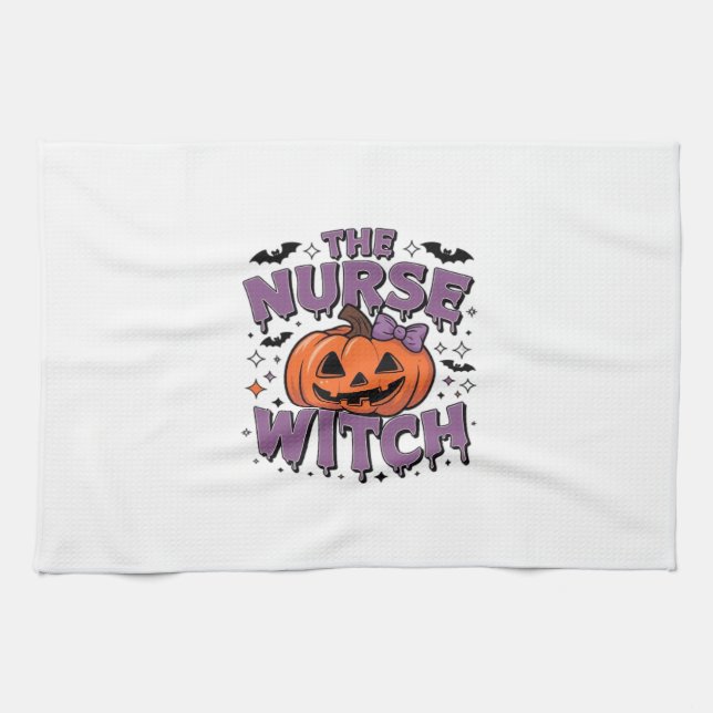 A playful design featuring a pumpkin witch with a  kitchen towel (Horizontal)