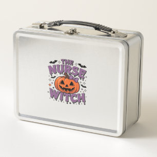 A playful design featuring a pumpkin witch with a metal lunch box