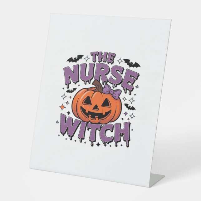 A playful design featuring a pumpkin witch with a  pedestal sign (Front)