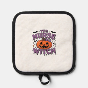 A playful design featuring a pumpkin witch with a  pot holder