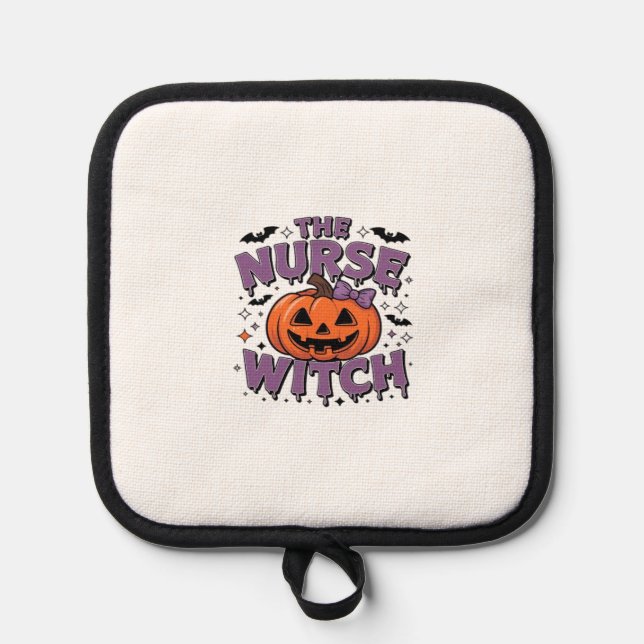 A playful design featuring a pumpkin witch with a  pot holder (Front)