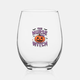 A playful design featuring a pumpkin witch with a  stemless wine glass