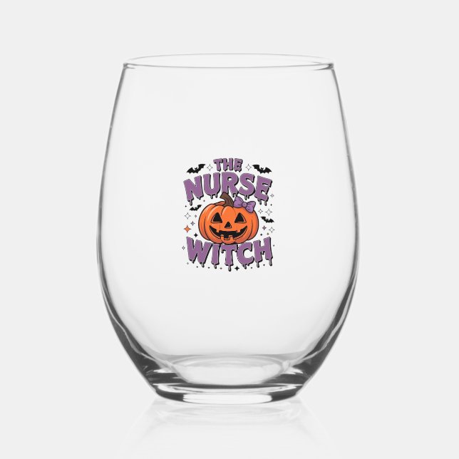 A playful design featuring a pumpkin witch with a  stemless wine glass (Front)