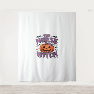 A playful design featuring a pumpkin witch with a  tapestry