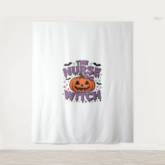 A playful design featuring a pumpkin witch with a tapestry