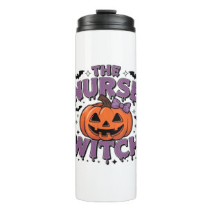 A playful design featuring a pumpkin witch with a  thermal tumbler