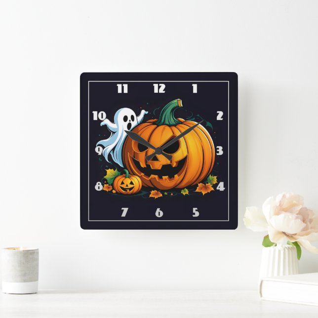 A playful ghost and carved pumpkin for Halloween Square Wall Clock (Home)