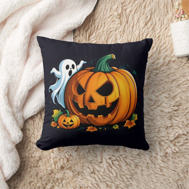 A playful ghost and carved pumpkin for Halloween Throw Pillow (Blanket)