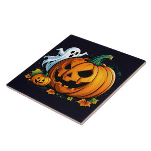 A playful ghost and carved pumpkin for Halloween Tile