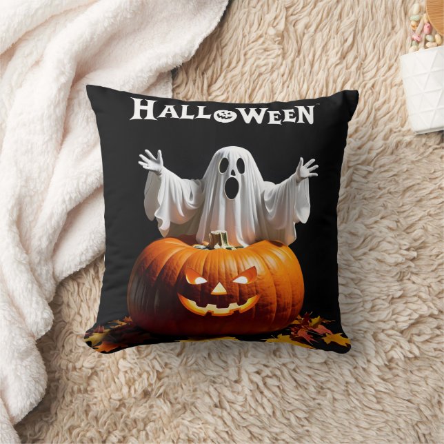 A playful ghost emerges from a carved pumpkin throw pillow (Blanket)