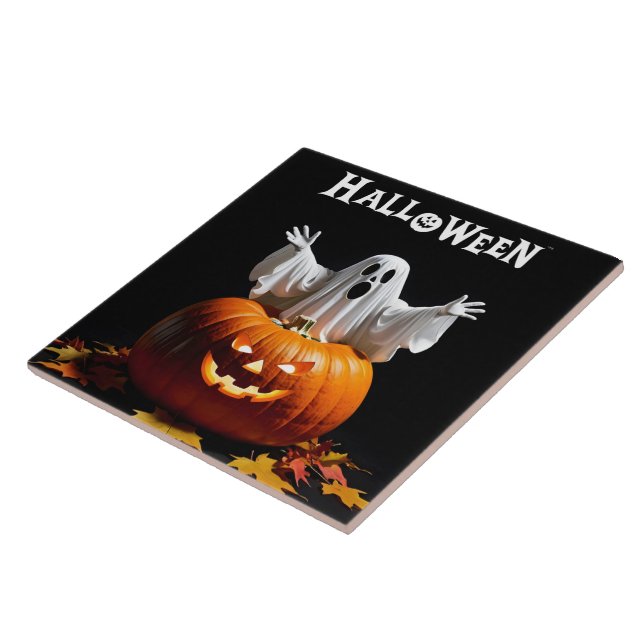 A playful ghost emerges from a carved pumpkin tile (Side)