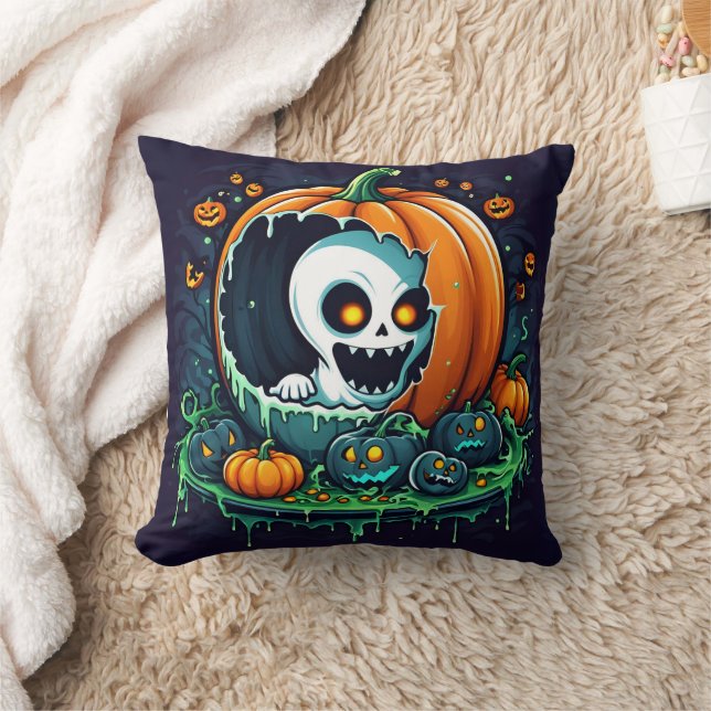 A playful ghost emerges from a Halloween pumpkin Throw Pillow (Blanket)
