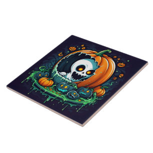 A playful ghost emerges from a Halloween pumpkin Tile