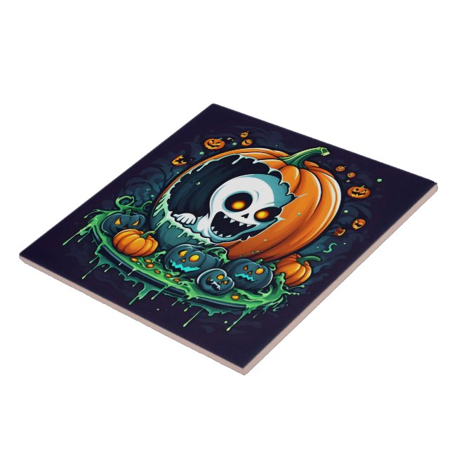 A playful ghost emerges from a Halloween pumpkin Tile (Side)