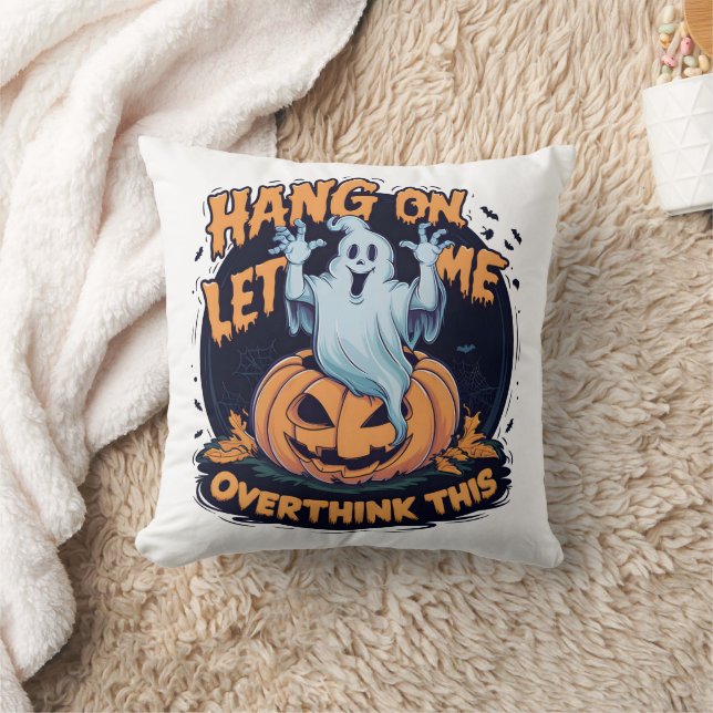 A playful ghost overthinking by a carved pumpkin throw pillow (Blanket)