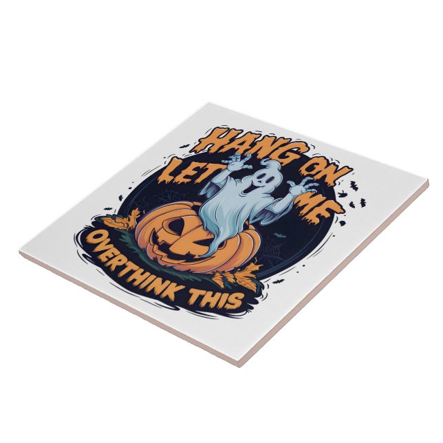 A playful ghost overthinking by a carved pumpkin tile (Side)
