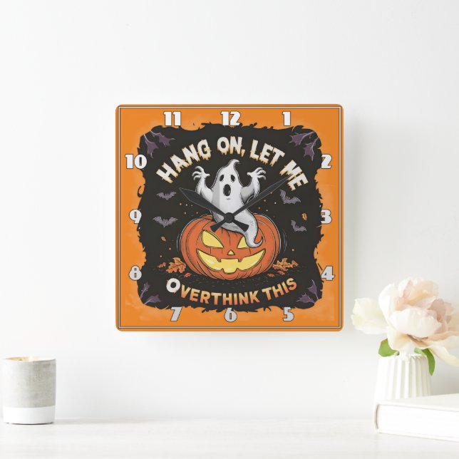 A playful ghost pondering above a jack-o'-lantern square wall clock (Home)
