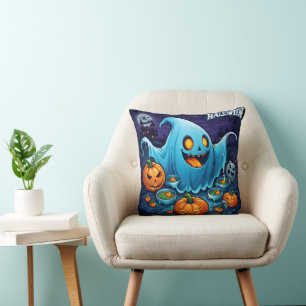 A playful Halloween ghost with pumpkins at night Throw Pillow