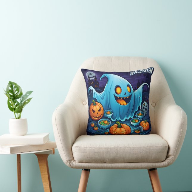 A playful Halloween ghost with pumpkins at night Throw Pillow (Chair)