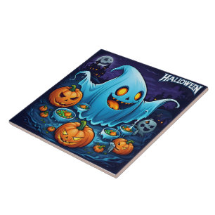 A playful Halloween ghost with pumpkins at night Tile