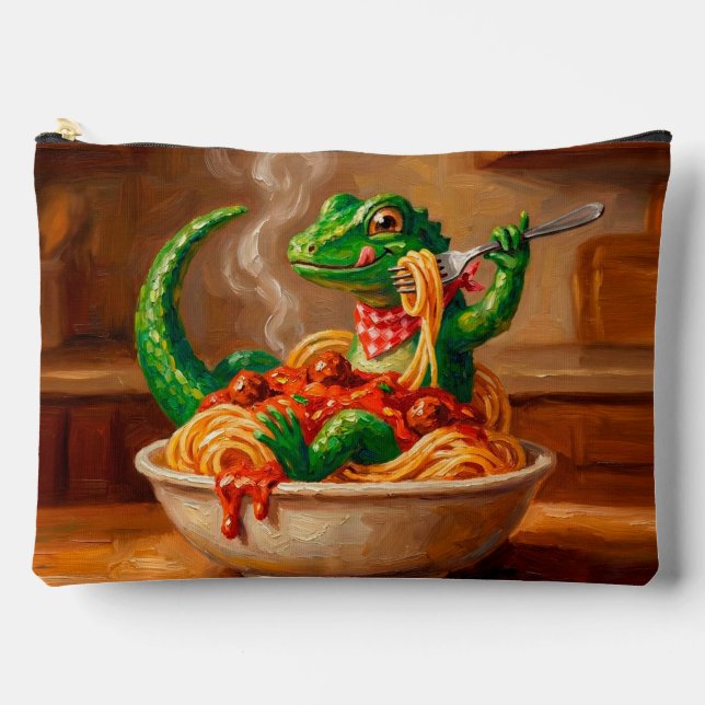 a playful lizard enjoying a delightful pasta accessory pouch (Front)