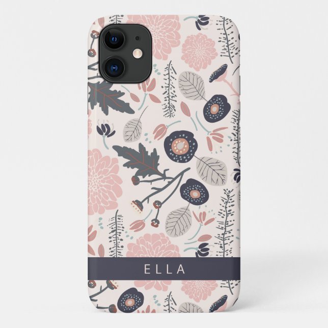 A Playful Tossed Floral Pattern Grey Pink Name Case-Mate iPhone Case (Back)