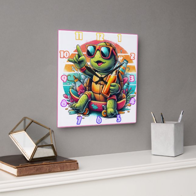 A playful turtle enjoying a summer party vibe square wall clock (Office)