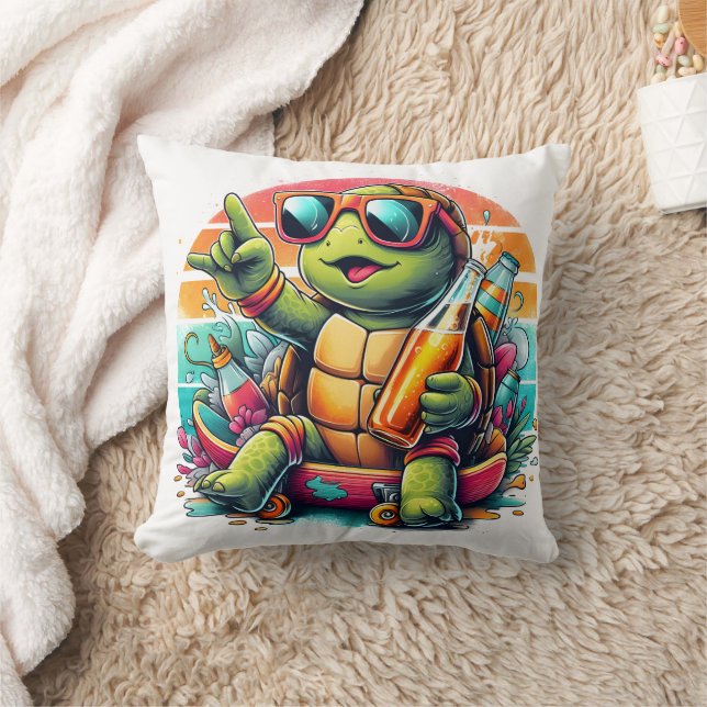 A playful turtle enjoying a summer party vibe throw pillow (Blanket)