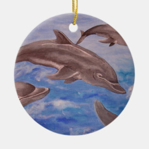 A Pod of Playful Jumping Dolphins Ceramic Ornament