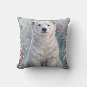 A Polar Bear Cub in Winter Throw Pillow