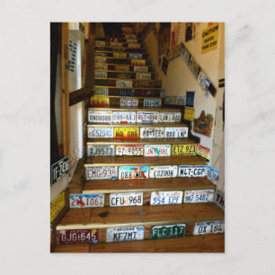 A postcard of stairs made with license plates