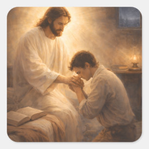 A Prayer on His Knees with Jesus Square Sticker